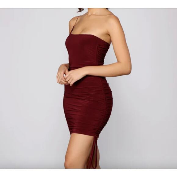 Windsor S Maroon One Shoulder Thin Spaghetti Strap Ruched Side Mini Dress - Picture 3 of 11